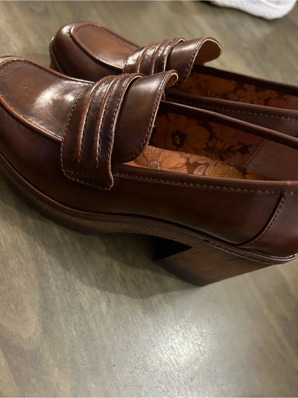 Korks Brown Leather Platform Penny Loafers with Floral Insole